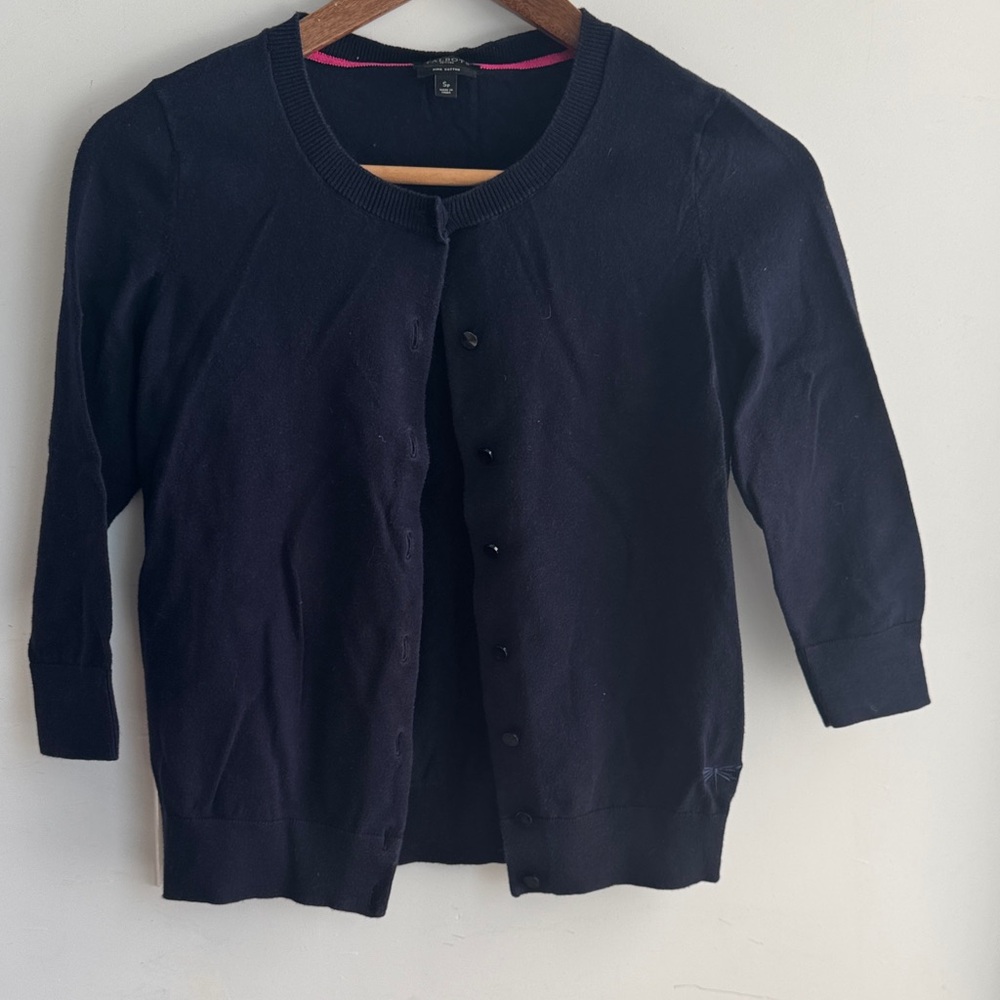 Talbots Petites Pima Cotton Cardigan Sweater SP Navy Blue 3/4 Sleeve